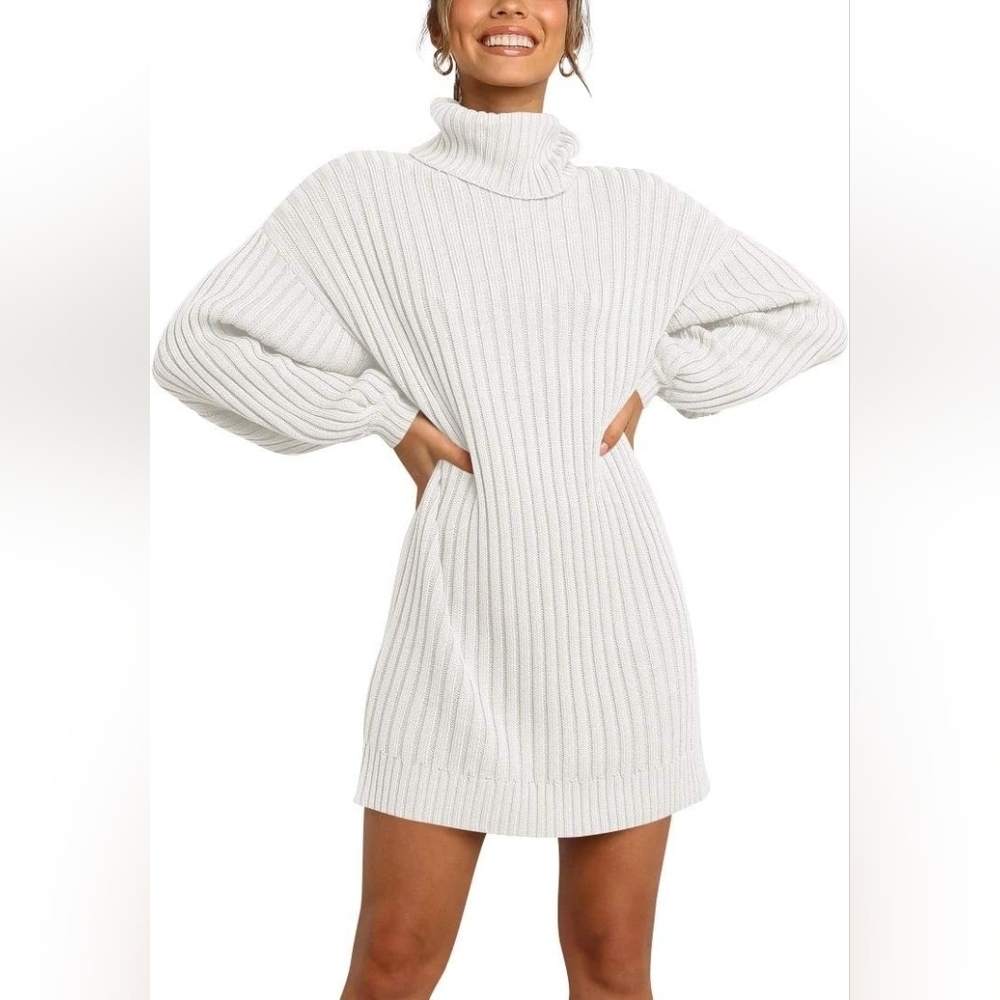 ANRABESS Womens Sweater Dress Turtleneck Lantern Sleeve Casual White Size M NWT - Picture 2 of 11
